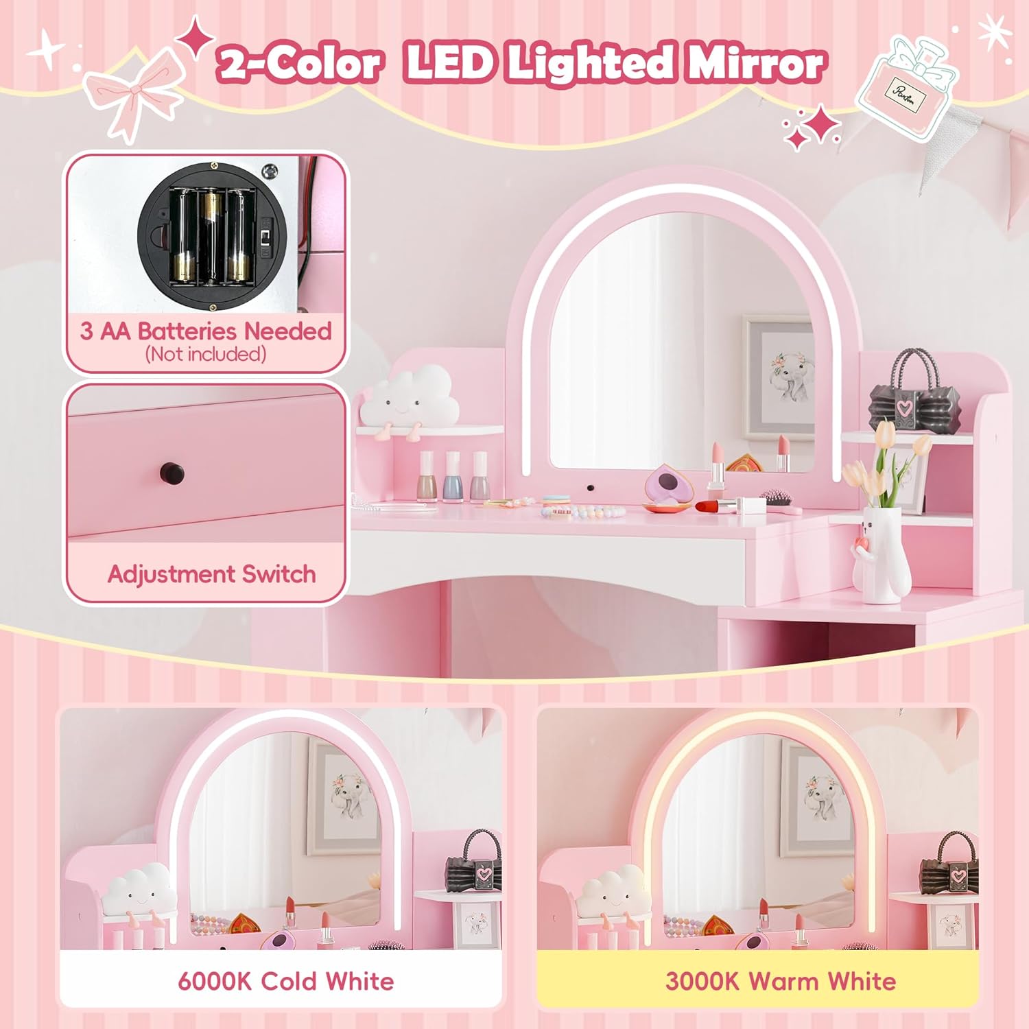 MU Kids Vanity with Lights, Princess Makeup Vanity Desk with Open Bookshelf, Storage Cabinet & Shelves, 2 in 1 Toddler Vanity Table & Chair Set with Lighted Mirror for Little Girls, Pink