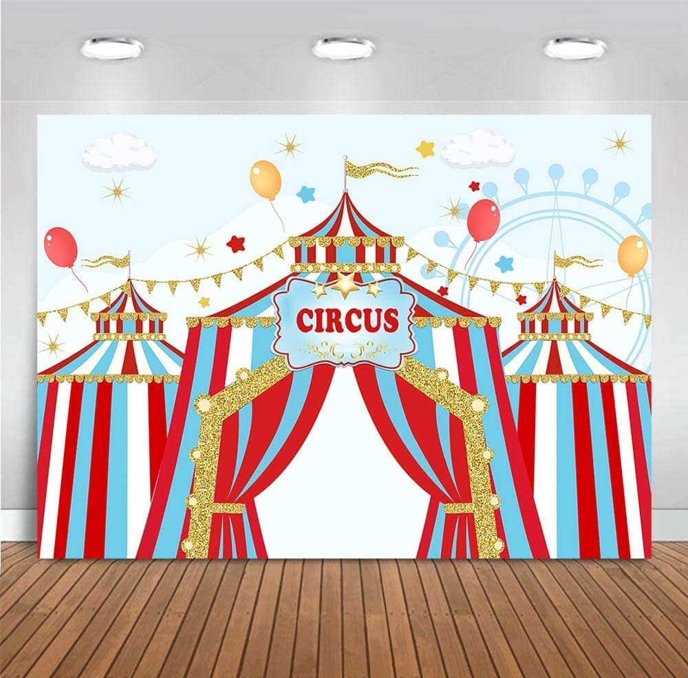 7x5ft Red Circus Photography Backdrop Carnival Carousel Big Top Tent First 1st Background Baby Shower Kids Birthday Party Banner Supplies Dessert Candy Cake Table Background Photobooth Props