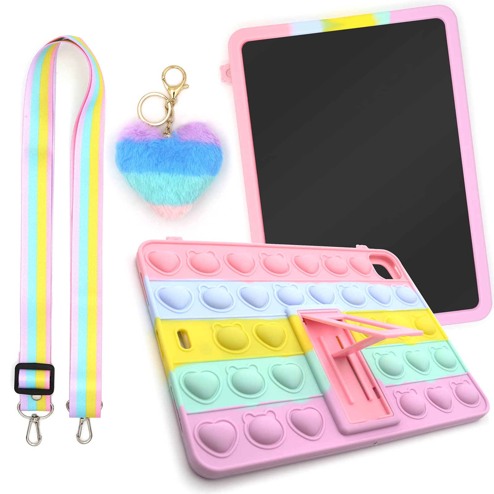 Cytec Cute Silicone Case, Pop Push Bubble Case Compatible with iPad Air 2019/Pro 10.5 inch, Relieve Stress Case with Kickstand&Lanyard&Pendant (Rainbow Bear Heart Shape)