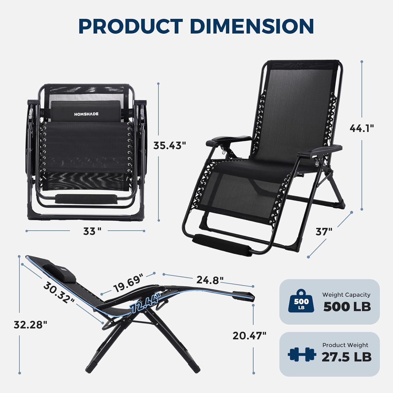 HOMSHADE XXL Zero Gravity Chair with Cushion, 33In Oversized Zero Gravity Lounge Chair, Patio Outdoor Recliner Chair for Indoor Outdoor with Headrest, Cup Holder, Footrest Support 500Lbs, Black