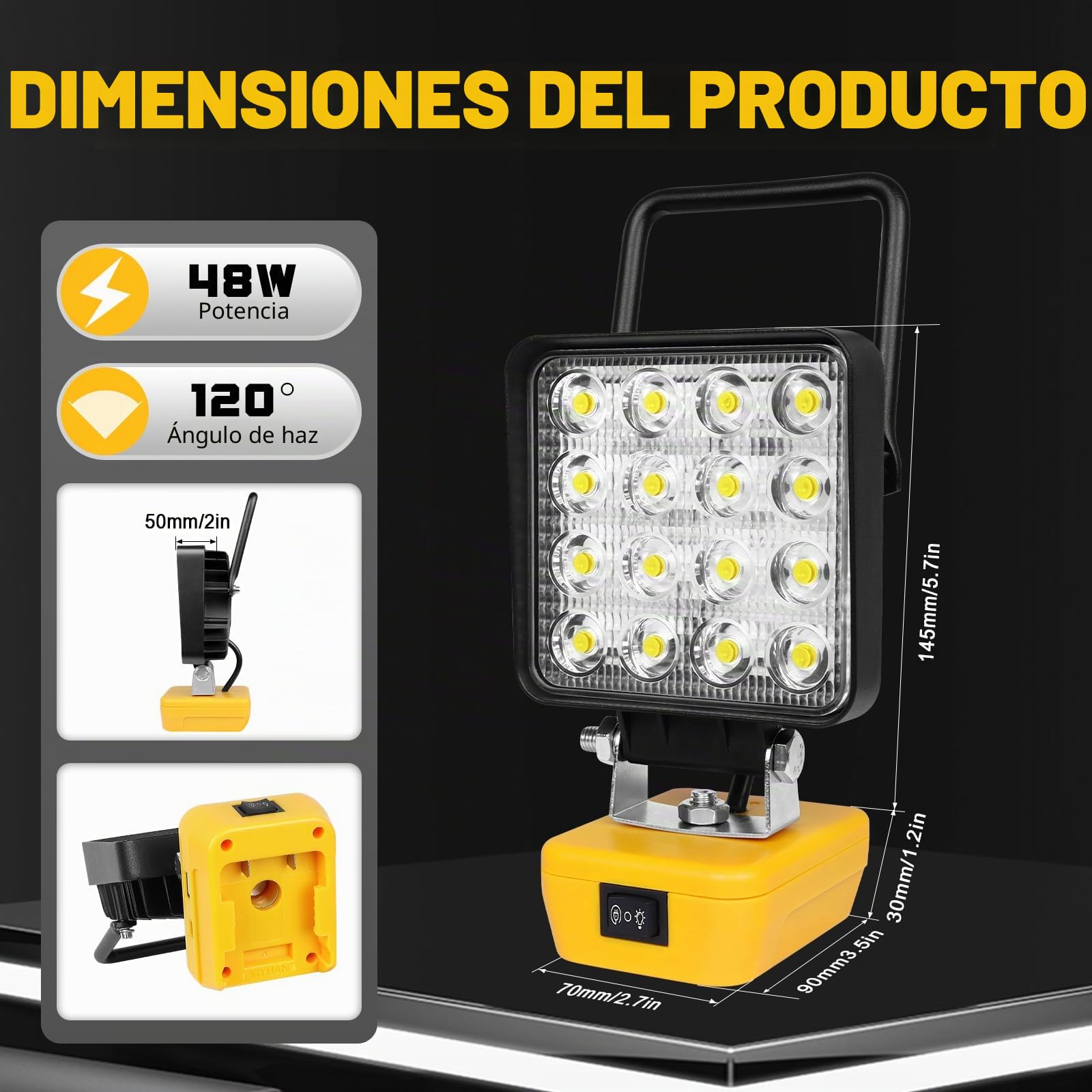 RIGIDON Recargable Portatil Foco de Trabajo Led para Batería Dewalt 18V /20V (Sin Batería), 4 Pulgadas 48W 4800LM Foco Led Lámpara para Camping, Trabajo, Pesca, Emergencia, 6000K Blanca