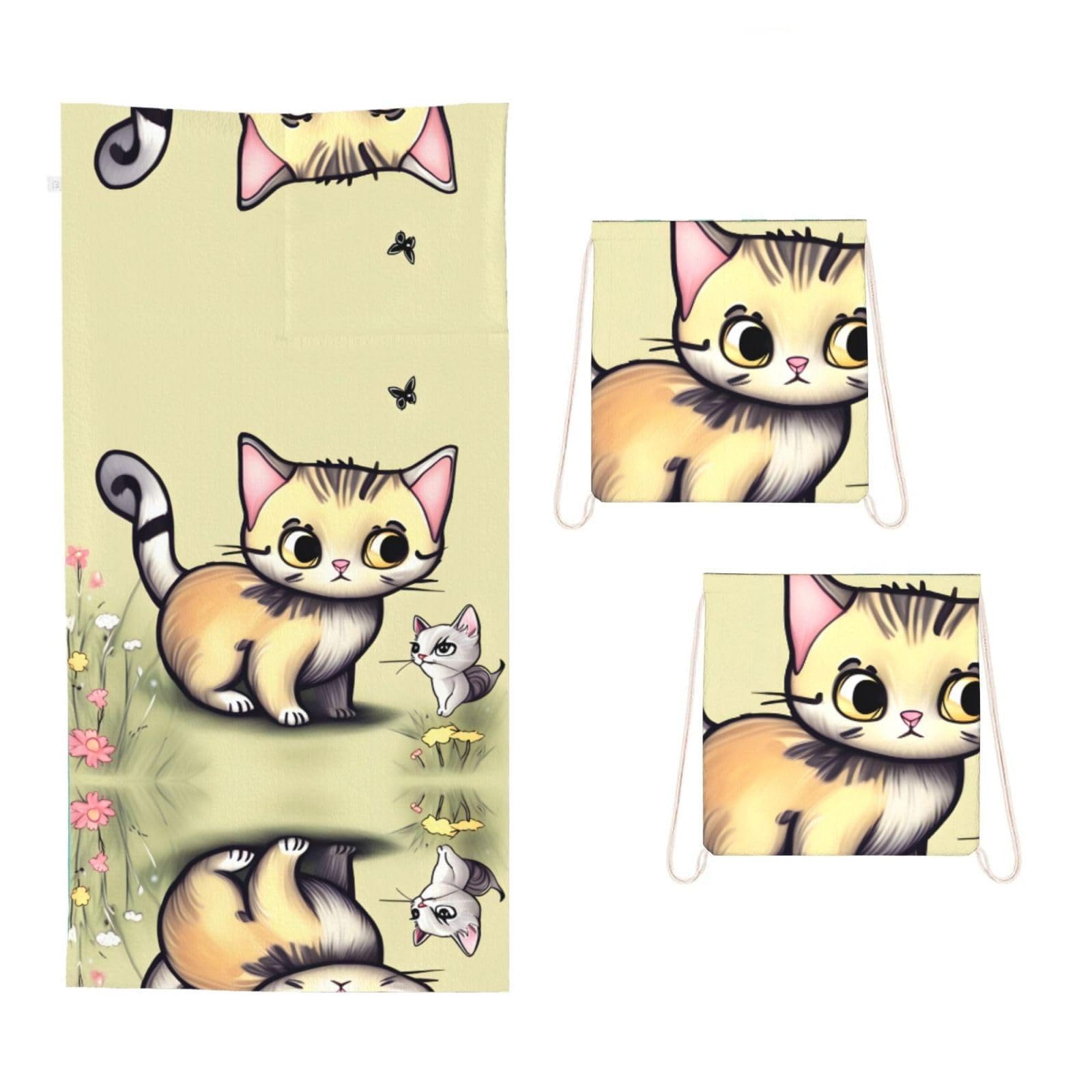 CNTDBU Cat and Butterfly 2 in 1 Packable Towel Bag-Large Beach Towel with Stuff Sack, Super Absorbent Microfiber Travel Towel for Pool