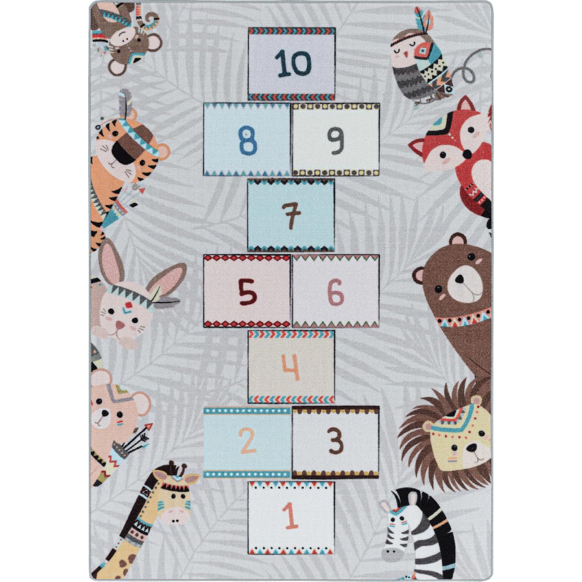 Tapis Enfant, 100 X 150 Cm, Motif Marelle Animaux Illustrés, Gris, Marron, Lavable 30 °C, Poils Ras Tissé, pour Chambre, 11434