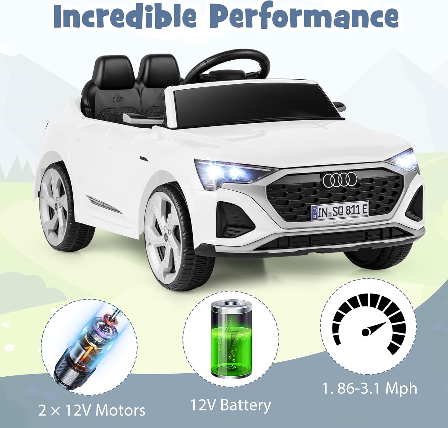 Costzon 12V Kids Ride on Car Licensed Audi SQ8, Remote Control Ride on Toy, Battery Powered Electric Vehicle with Spring Suspension, Music & 3 Speeds, Horn, LED Lights, Gift for Boys Girls 3+ (White)