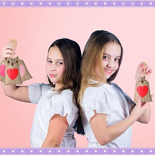 Miniatura 7 de Crtiin 24 bolsas de arpillera con corazón de San Valentín, bolsa de regalo de San Valentín, bolsas de regalo de dulces con cordón, bolsillos de