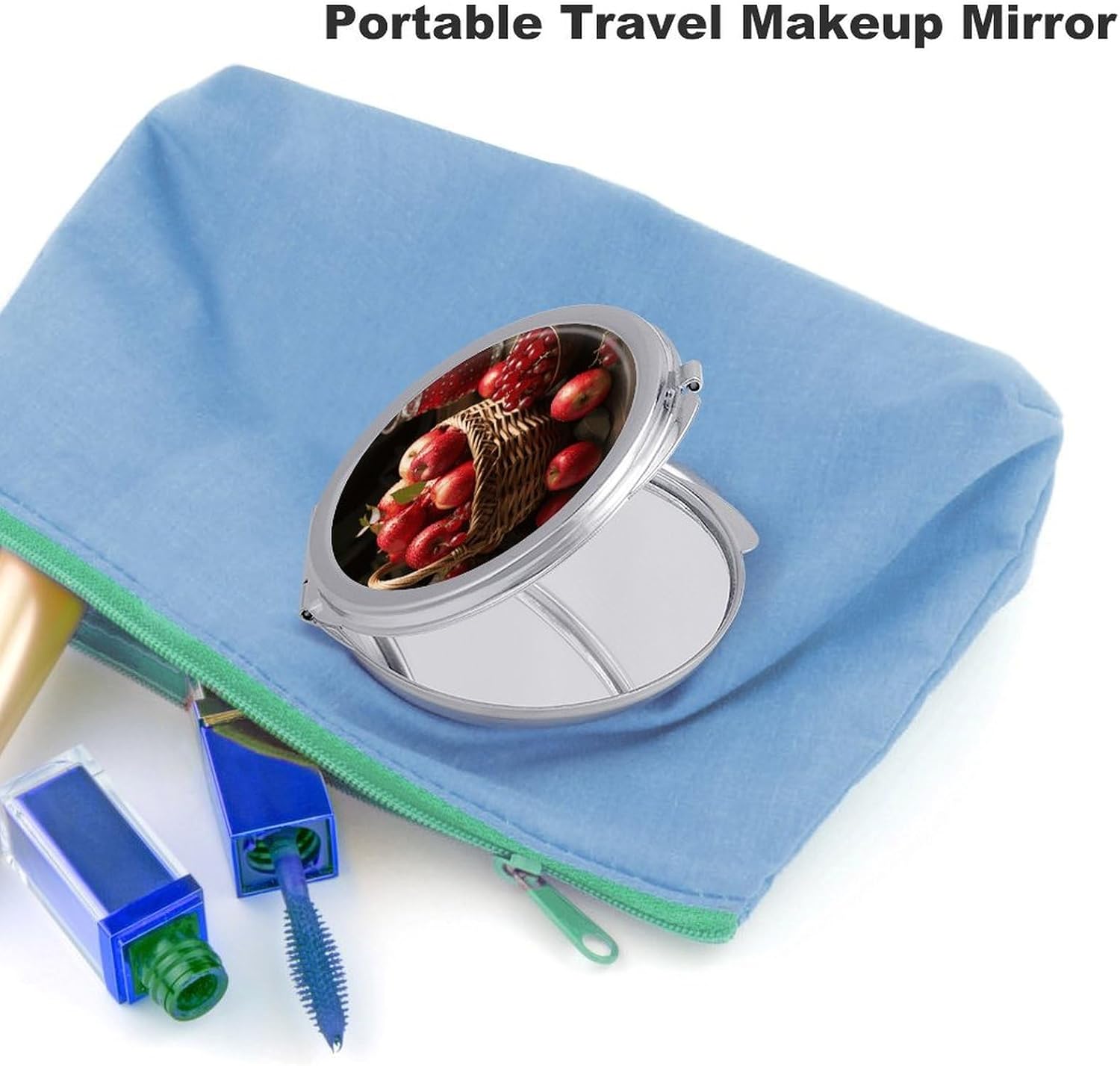 Red Fruit in A Basket Portable Makeup Mirror, Sided Travel Hand Mirror Mini Folding Mirror for Precise Makeup Women Daily Use