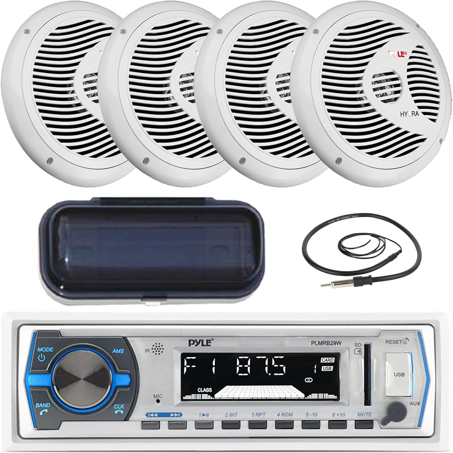 Pyle Single DIN Marine Bluetooth USB/AM/FM Stereo Receiver with Remote Control, 4X 6.5 150 Watt Max 2 Way White Boat Speakers, Cover, Antenna