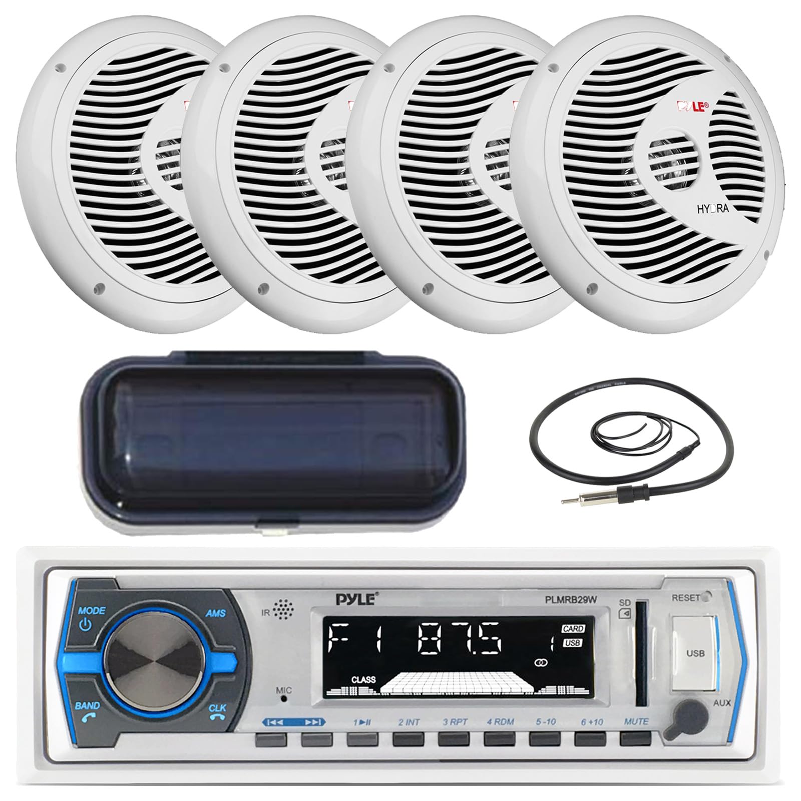 Single DIN Marine Bluetooth USB/AM/FM Stereo Receiver with Remote Control, 4X 6.5 150 Watt Max 2 Way White Boat Speakers, Cover, Antenna