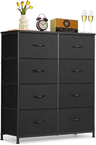 8-Drawer Dresser for Bedroom, Anti-Tip Tall Storage Organizer Chest of Drawers with Wooden Top and Metal Frame Fabric Bins for Closet, Living Room, Hallway, Entryway, Black