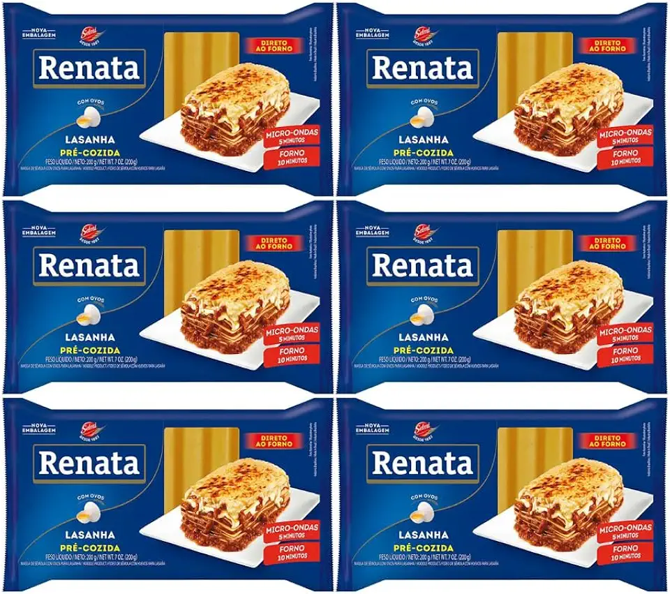 Kit com 6 Pacotes de Massa de Sêmola com Ovos para Lasanha Pré-Cozida de 200g cada - Renata