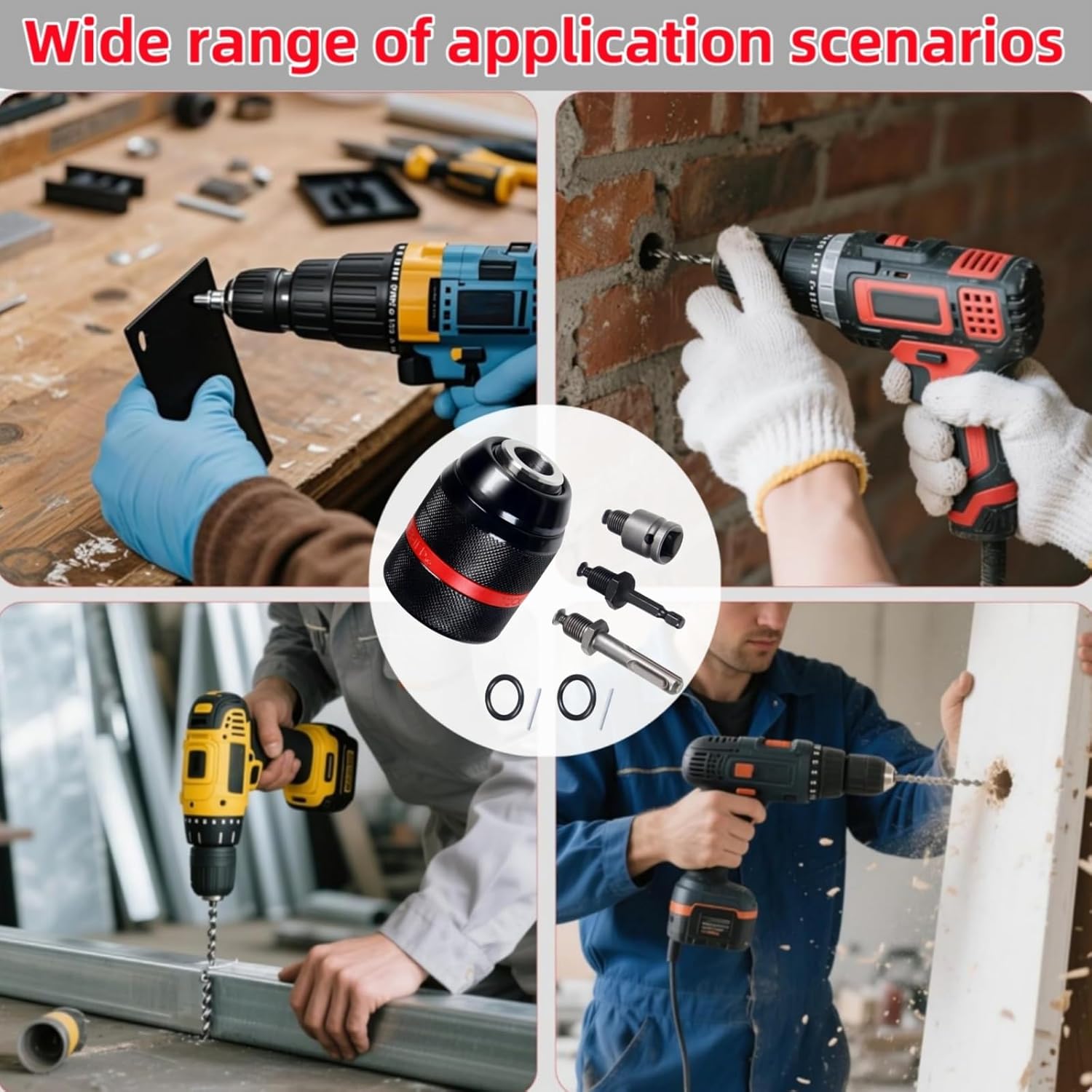 Multi - Function Keyless Drill Chuck for 1/2-20UNF Mount 1.5-13mm Self-tighten Drill Chuck for Multiple Purposes,Including 3/8" SDS-Plus Shank,1/4" Hex Shank,1/2" Impact Wrench Adapter