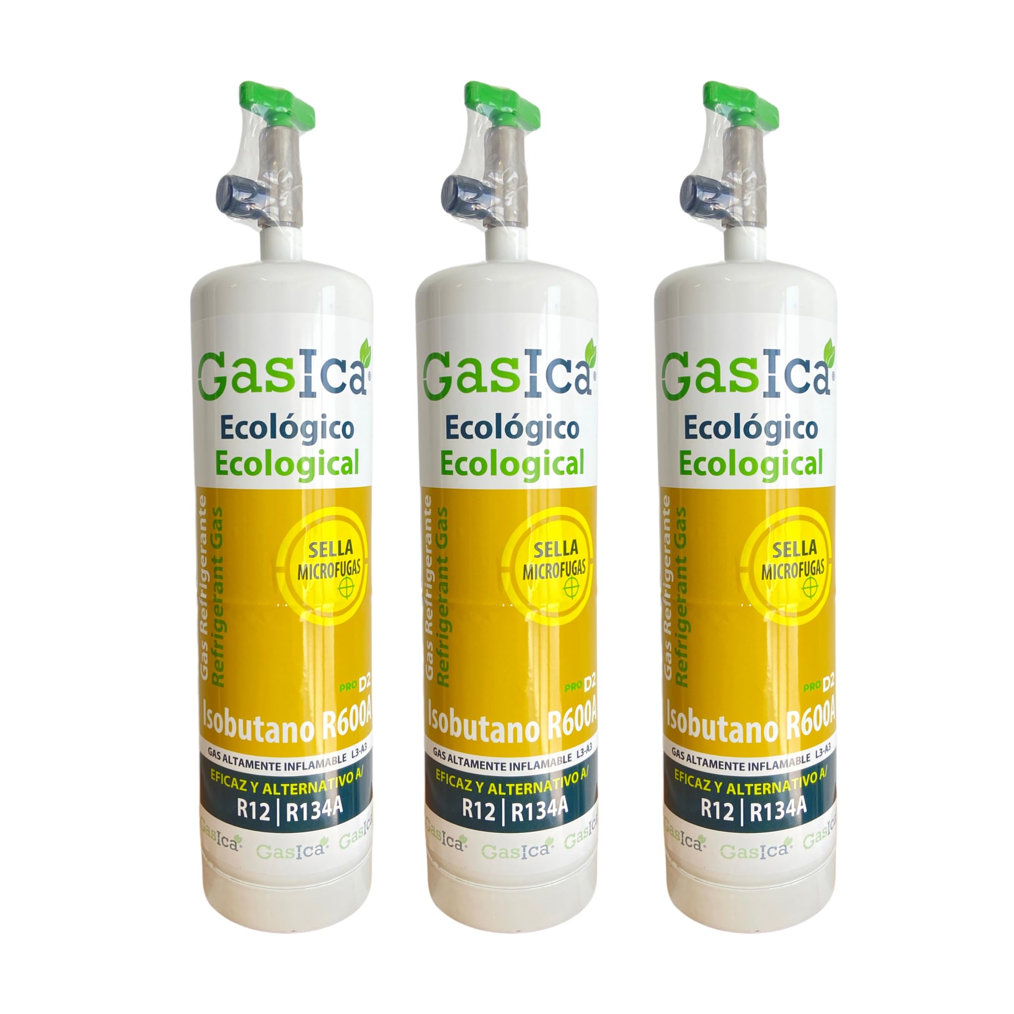 Gas Refrigerante Ecológico Orgánico GASICA D2 PRO Compatible con R134A y R12 – Pack de 3 Envases (Equivalente a 900 g) con Válvula Incluida