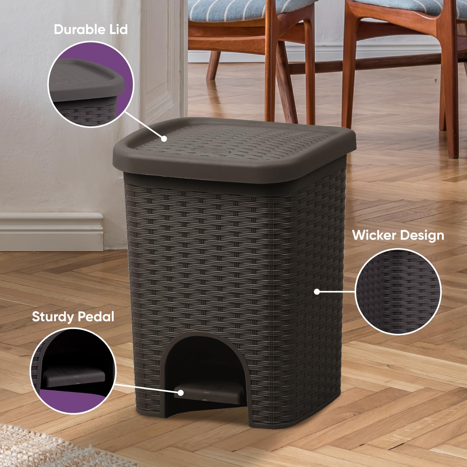 Superio Mini 6L Step Pedal Trash Can - Wicker Design, Hidden Mechanism, Durable Plastic, Ideal for Desktop, Countertop, Pet Waste/Dog Poop - Brown