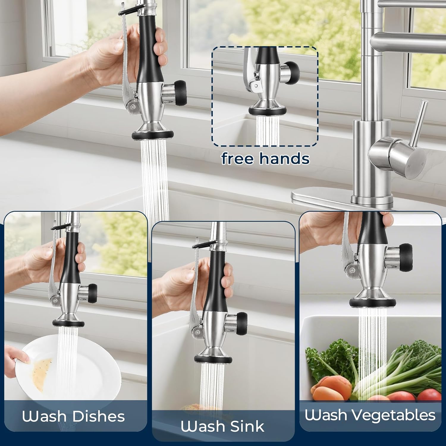 Kitchen Faucets with Pull Down Sprayer Single Handle,Commercial Style Double-Headed Faucet 1/3 Hole with Deck Plate,Brushed Nickel