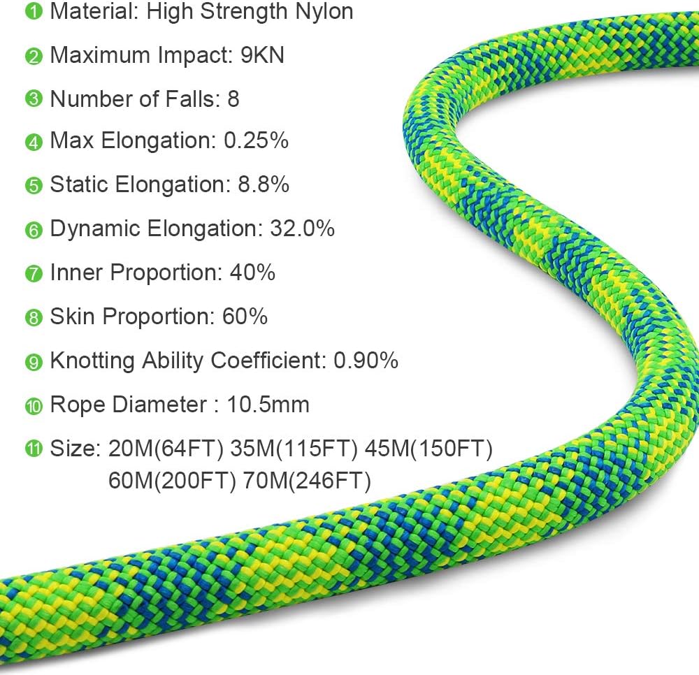 X XBEN 10.5 mm UIAA Dynamic Climbing Rope 20M(65FT) 35M(115FT) 45M(150FT) 60M(200FT) 75M(246FT), Safety Nylon Kernmantle Rope for Rock Climbing, Tree Climbing, Ice Climbing, Rappelling, Rescue : Sports & Outdoors