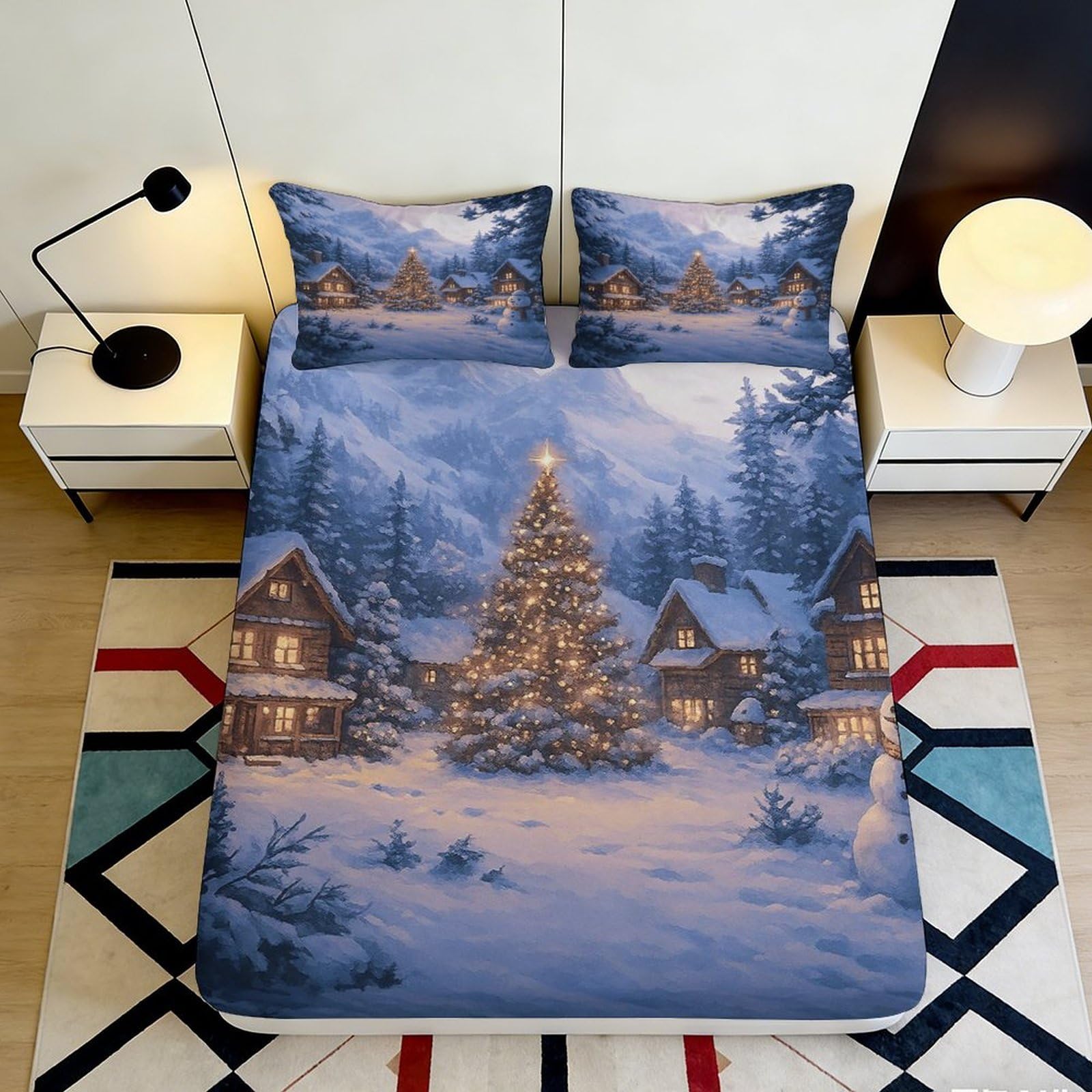 3D Printed Winter Village Christmas Tree Fitted Sheet Microfiber Soft Snow Scene Mattress Cover for Bedroom Dorm Decor 90x200x25cm