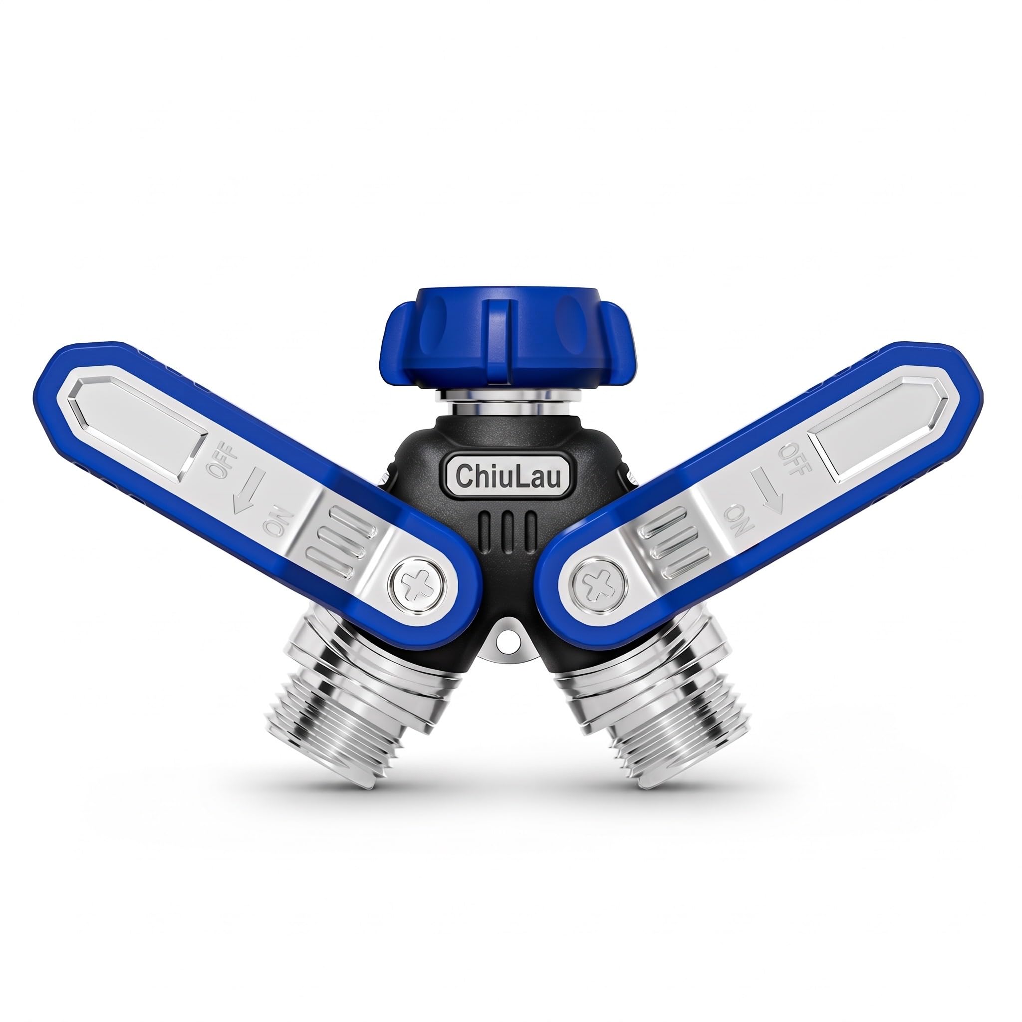 ChiuLau 2 Way Garden Hose Splitter, Large Flow Tap Splitter, Heavy Duty Zinc Alloy Y Tap Connector, Hose Bib Spigot Y Splitter with 3.68 inch Extra Long Metal Handle and Independent Valve - Blue