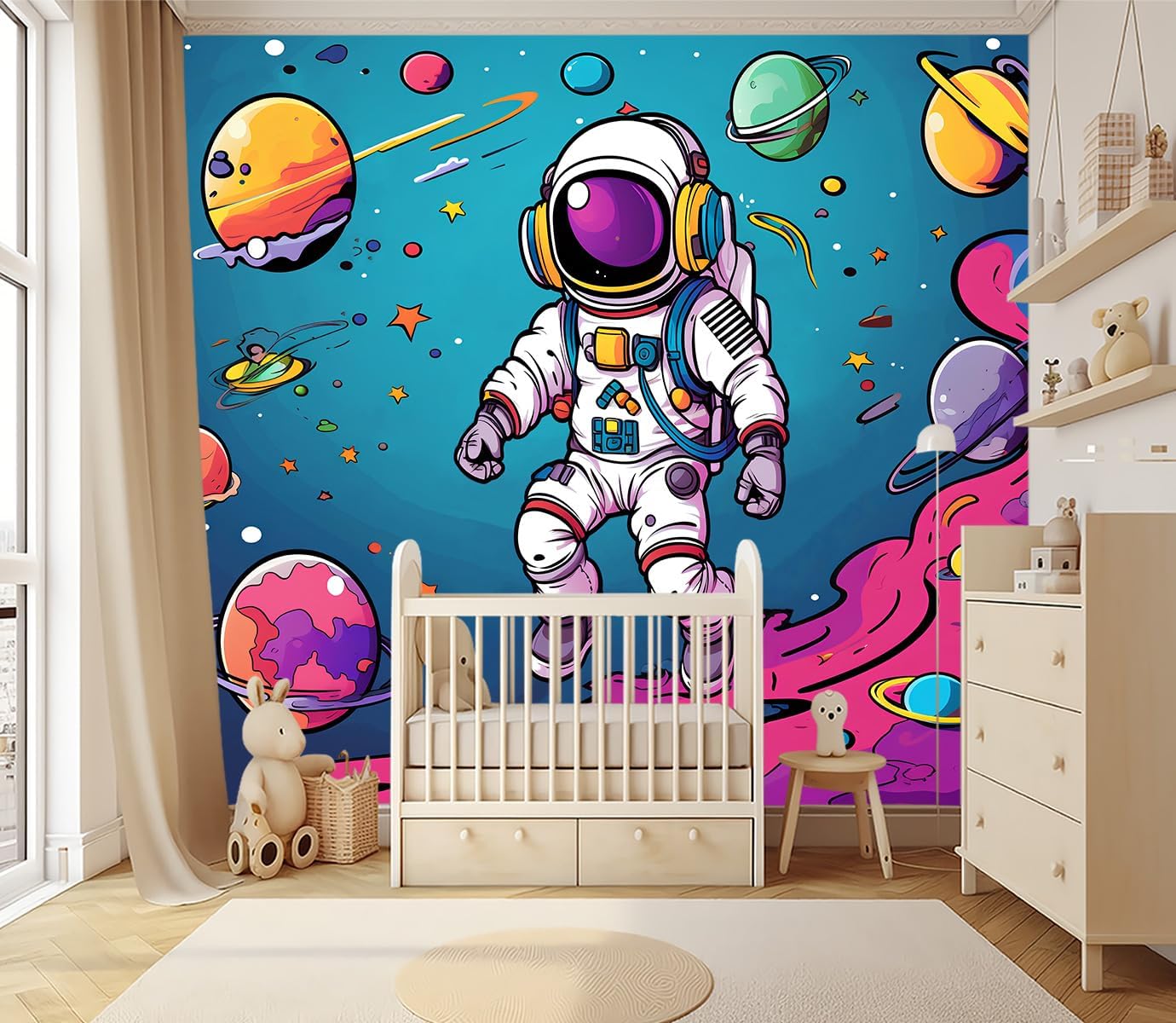 XMPMBM-3d Cartoon Astronauts Starship Nursery Room Fabric Wallpaper Hand-Painted Graffiti Planet Kids Gaming Room wall Mural-W 88" X H 59"（36 Square Foot） image 2
