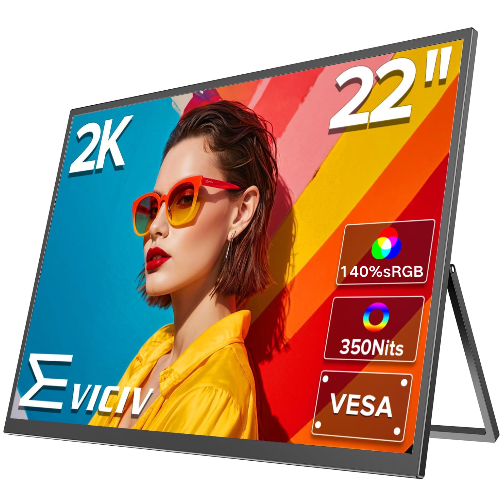 EVICIV 22" QLED Portable Monitor, 2K 140% sRGB 2000:1, QHD 2560x1440 350Nits Travel Second Screen w/VESA/Speakers, OTG USB-C Mini HDMI External Display Compatible with Laptop/PC/Phone/PS5/Xbox/Switch