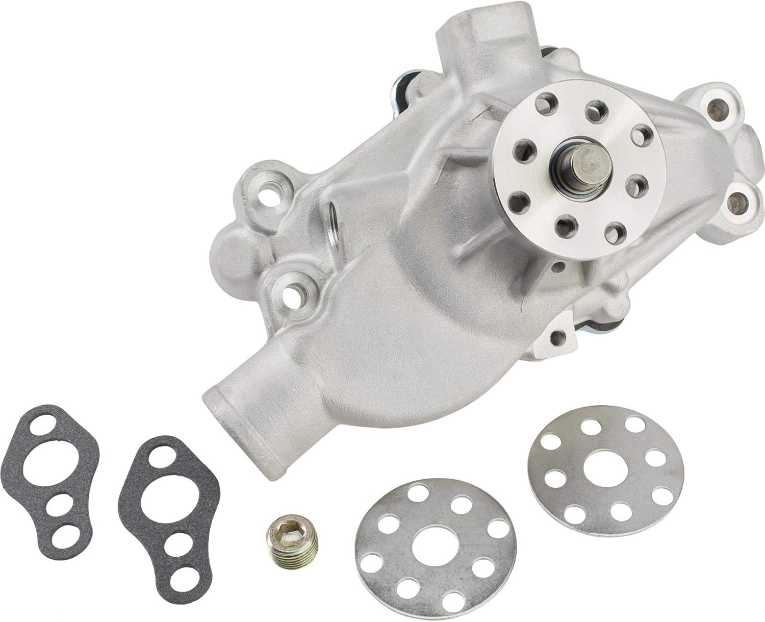 Small Block Chevy Performance Aluminum Water Pump, Short Style, T6 Casting, Curved Vane Impeller, Equal Flow, 3/4" Bearings, 5/8" Fan Pilot, Leak-Proof Seal, 5,500 RPM Max, IMCA 2023 Approved