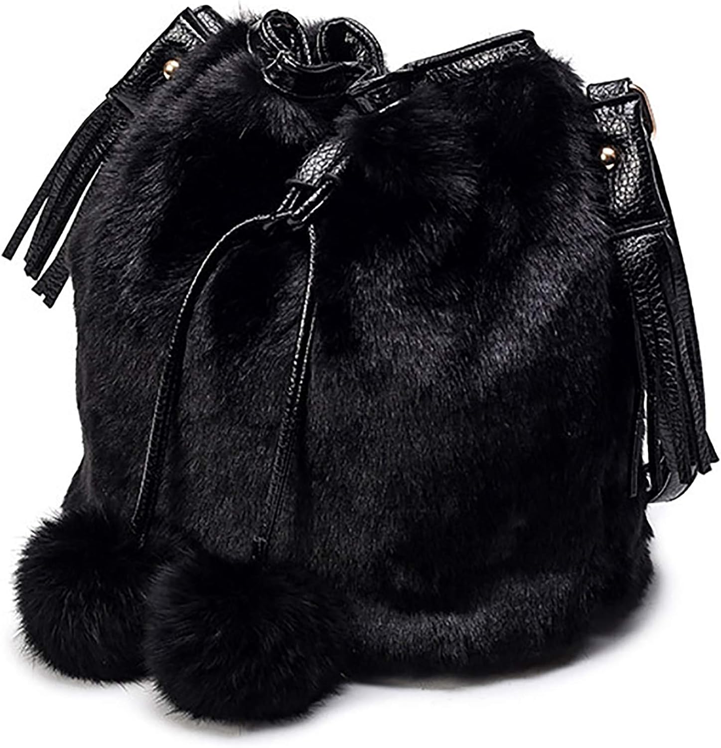 QZUnique Plush Bucket Handbag Faux Fur Drawstring Fluffy Crossbody Bag Handle Shoulder Tote Bag