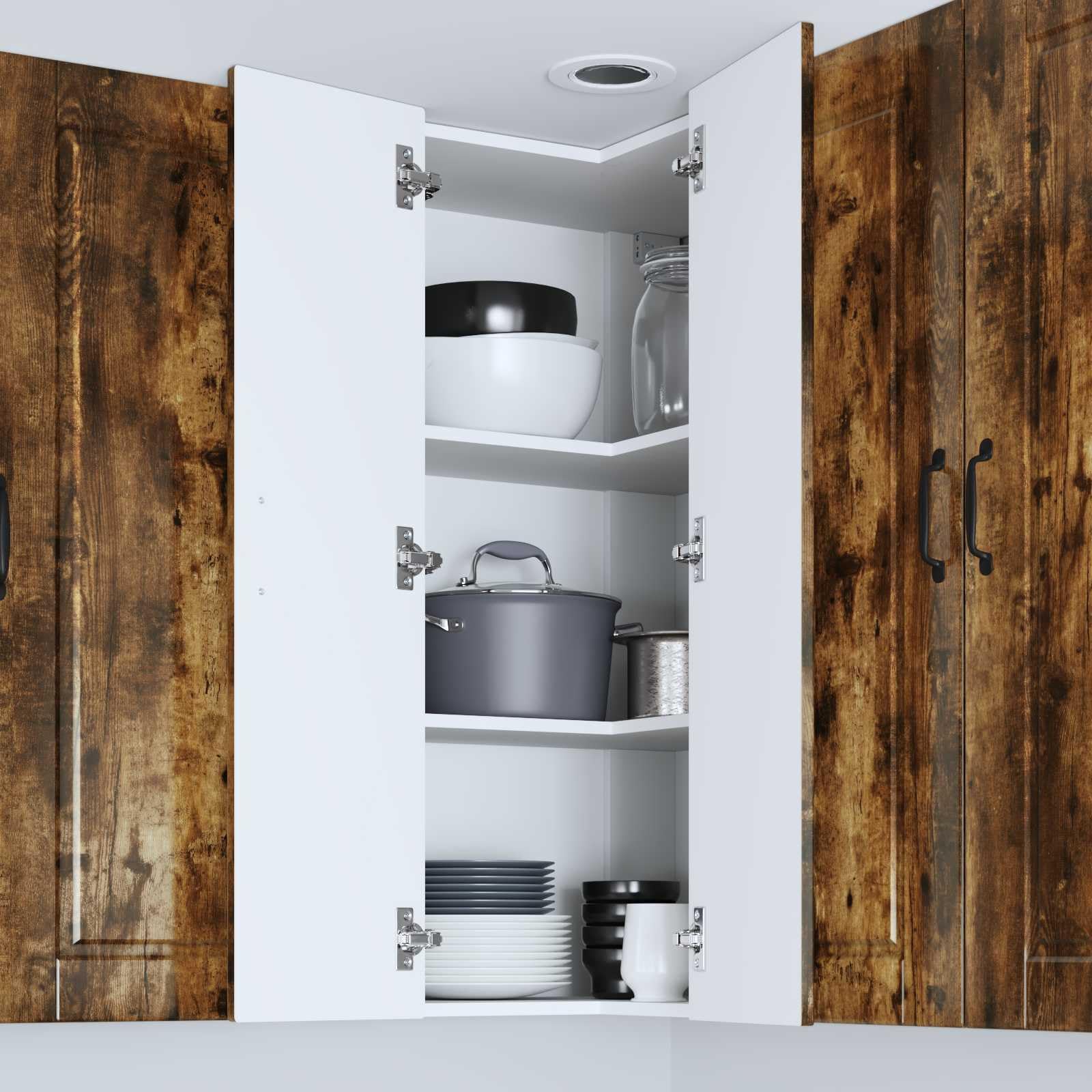 Armario esquinero Porto de madera de roble ahumado, 57 x 57 x 100 cm, 3 estantes, 2 puertas, armario colgante con espacio de almacenamiento para cocina, comedor, salón y pasillo