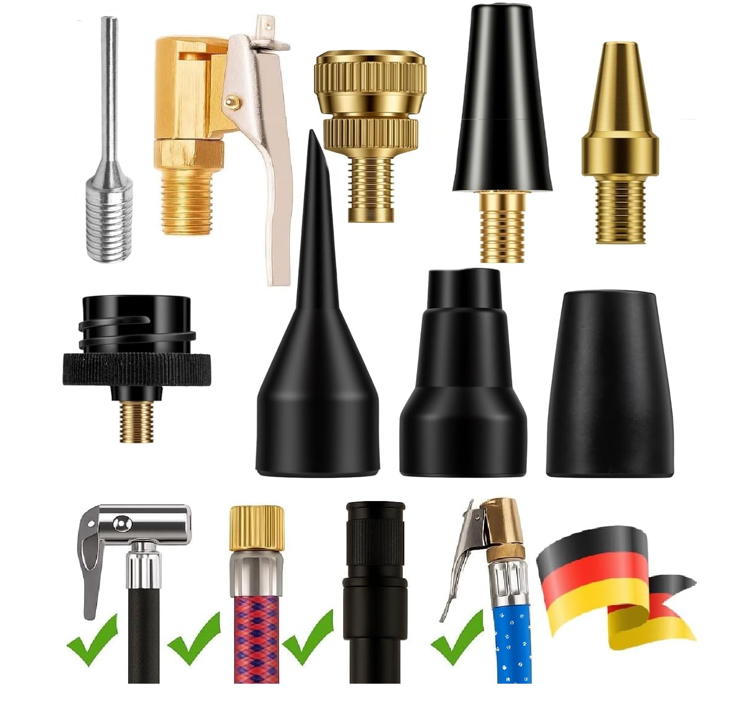 9-teiliges Druckluft-Kompressor-Düsen- und Adapter-Set – mit Ballnadel, Ausblaspistole, konischen Düsen, Messing- & Kunststoffadaptern – kompatibel mit Standard-Luftschläuchen und Reifenfüllgeräten