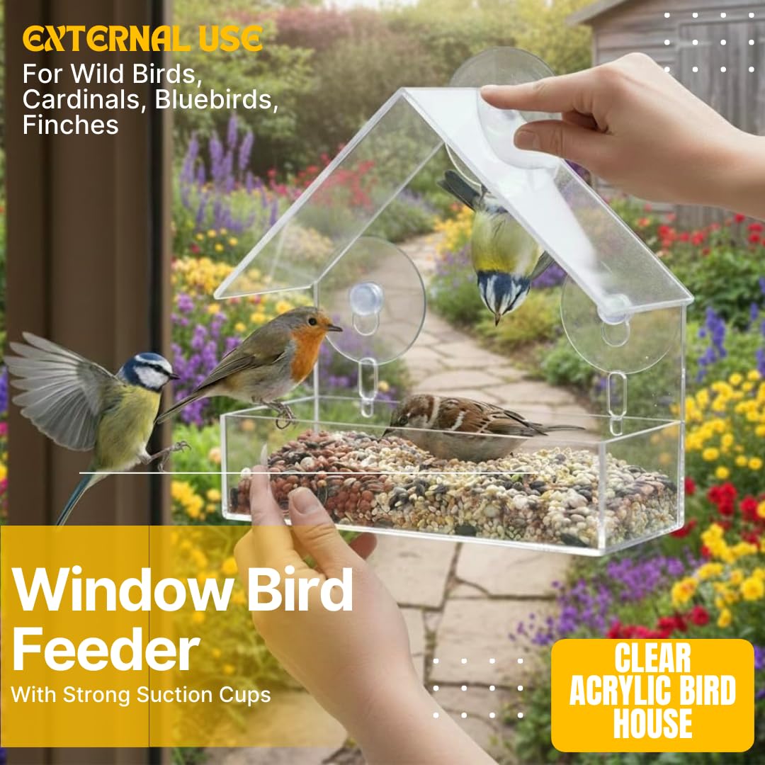 Window Bird Feeder with Strong Suction Cups for Outdoor Use, Clear Acrylic Bird House for Wild Birds, Cardinals, Bluebirds, Finches — view 3