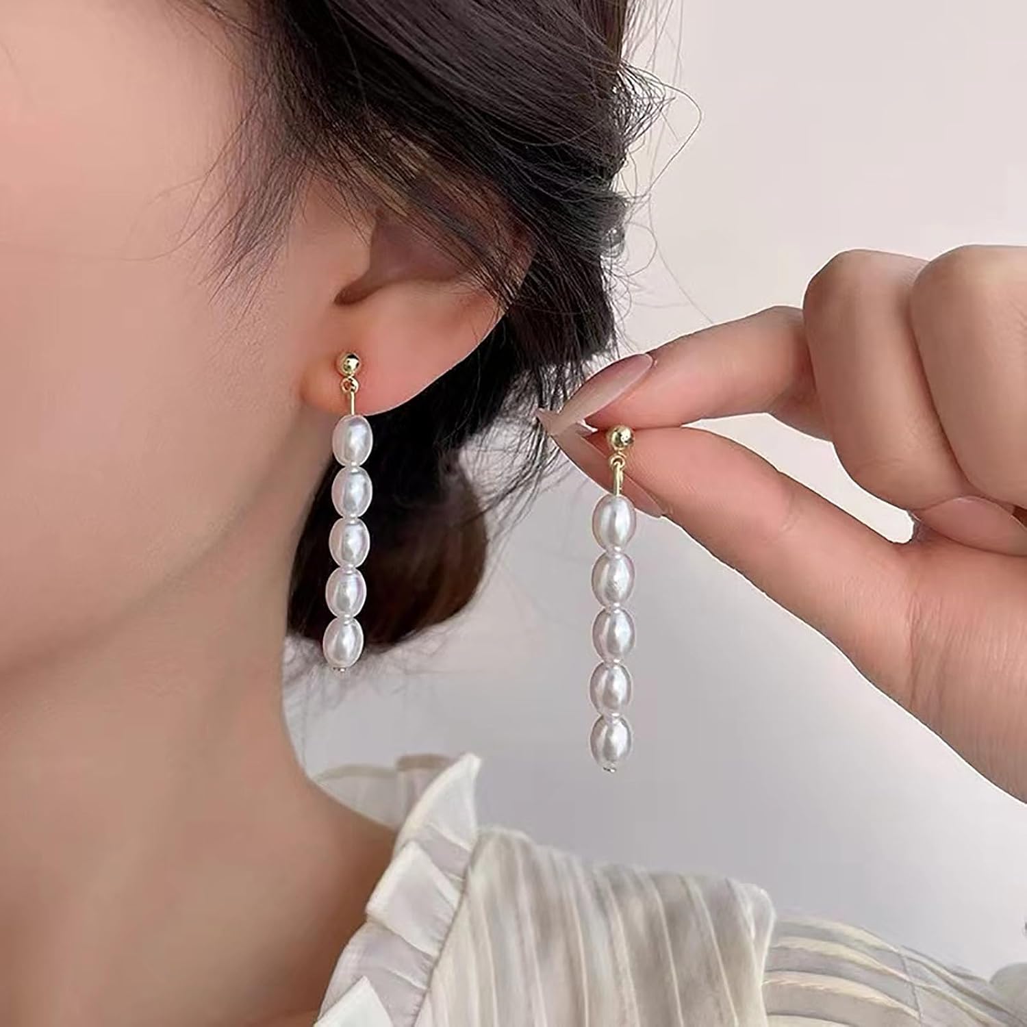 W WEILIRIAN Bohemian Pearl Drop Earrings Long Pearl Dangle Earrings Gold Pearl Earrings Oval Pearl Bead Earrings Wedding Pearl Earrings Jewelry for Women - Image 2