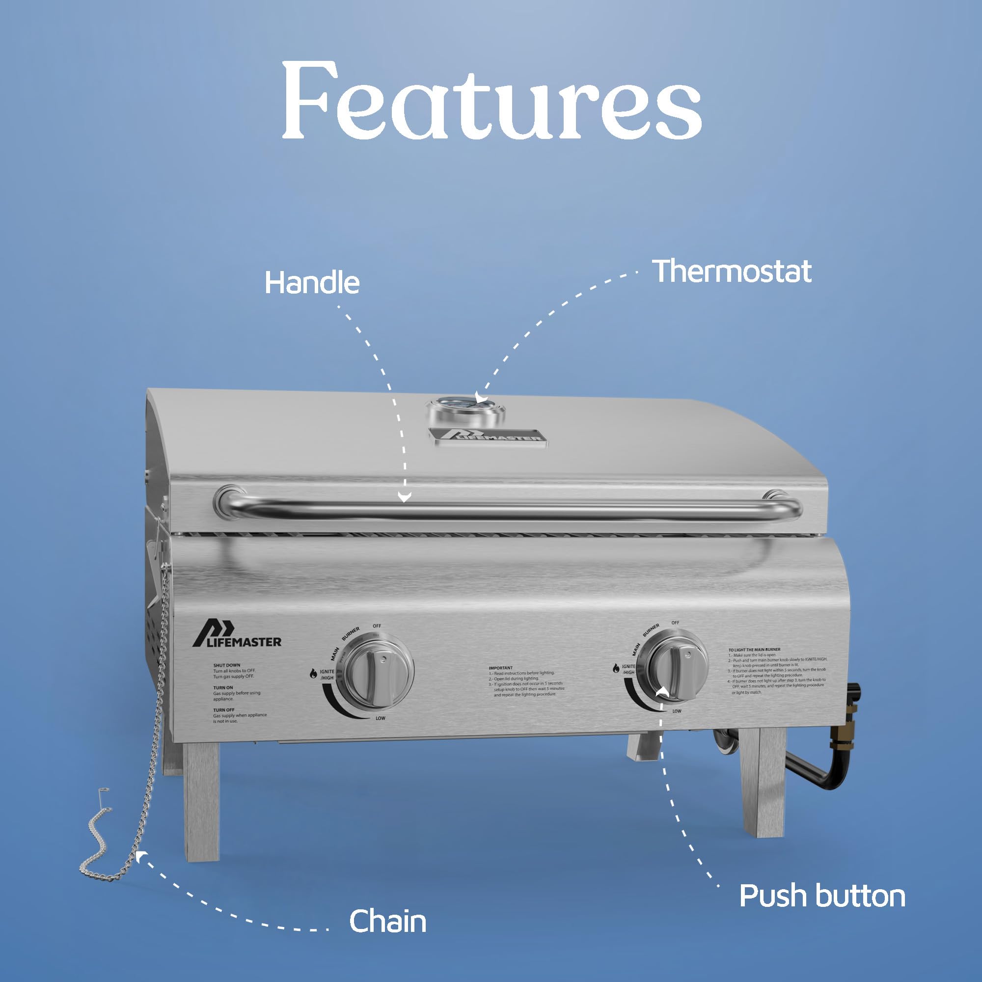 Parrilla portátil – Barbacoa de gas propano de acero inoxidable para camping y al aire libre – 2 quemadores – Potencia de 20.000 BTU – Patas plegables – Tapa a prueba de viento – Fácil de limpiar –