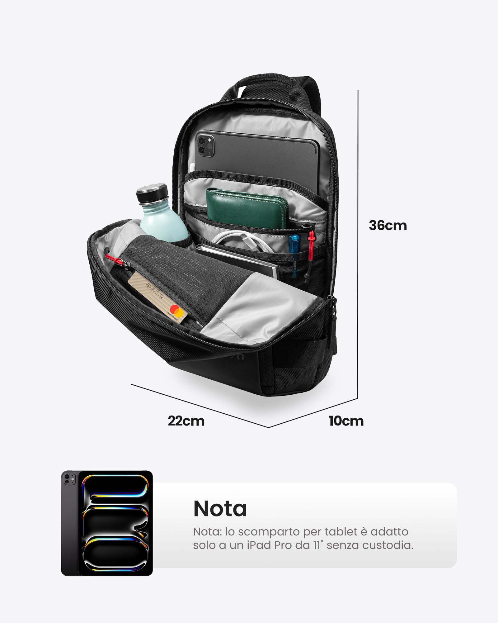 tomtoc Compatta EDC Sling Bag, Borsa a Tracolla a Spalla Minimalista Crossbody per Nintendo Switch, 2024 11" iPad Pro M4, 11" iPad Air M2, Leggero e resistente all'acqua, uso quotidiano, Lavoro, Nero