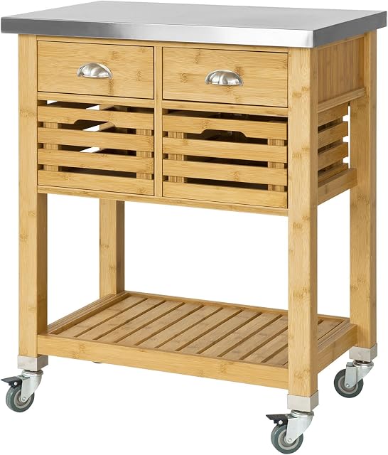 SoBuy® FKW40-N, Bamboo Kitchen Serving Trolley Storage Trolley Cart with Stainless Steel Worktop