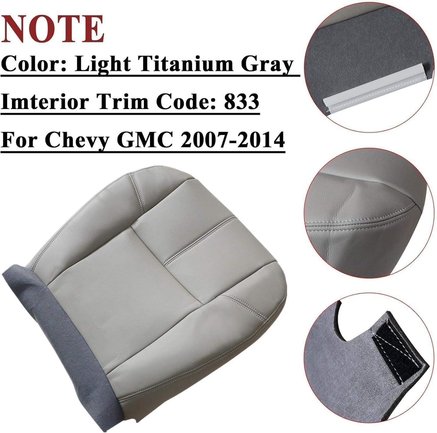 NLQR Front Driver or Passenger Side Bottom Replacement Microfiber Leather Seat Cover Gray Compatible with Chevy Silverado Tahoe Suburban Avalanche Compatible with GMC Sierra Yukon XL 2007-2014