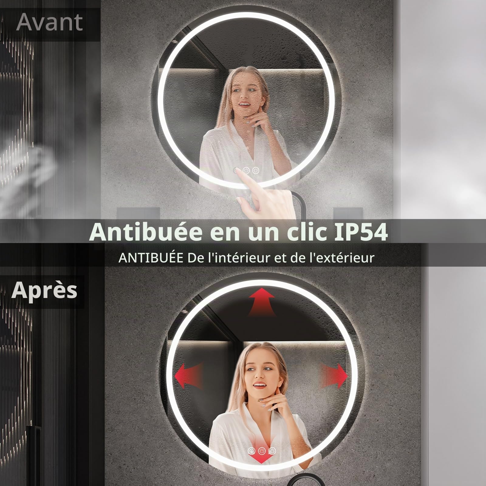 Miroir LED Rond Salle de Bain 70cm, Anti-buée, 3 Lumières Réglables
