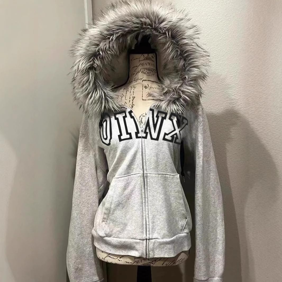GGOOB Grunge Fur Hood Zip Up Hoodie Women Teen Girls Y2k Emo Goth 2000s Sweatshirts Cute Fall Winter Crop Coats - Image 3