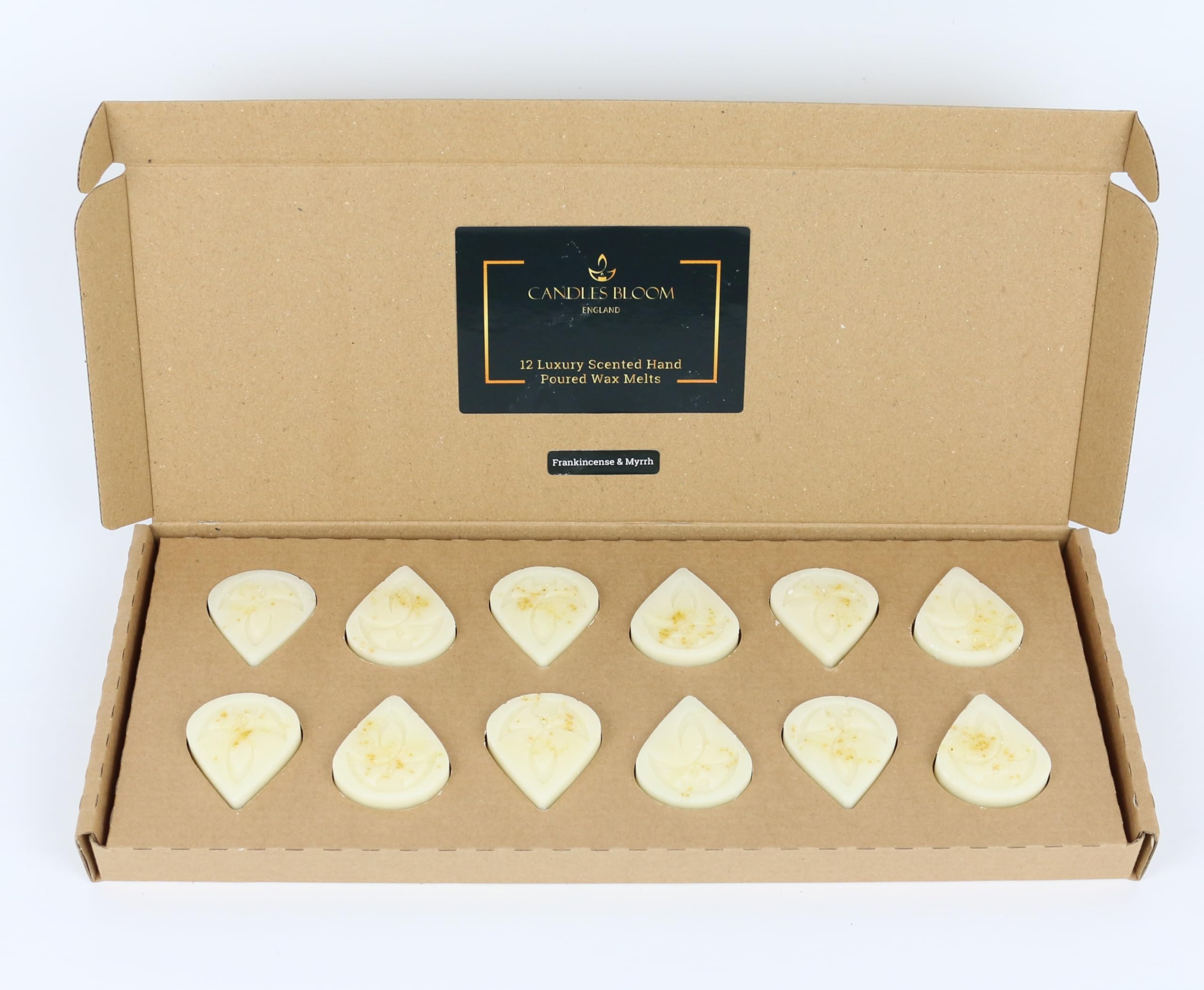 Candles Bloom White Frankincense & Myrrh Highly Scented Wax Melts - Vegan & Eco Friendly - Gift Set Of 12 Handmade Premium Quality Wax Melts.