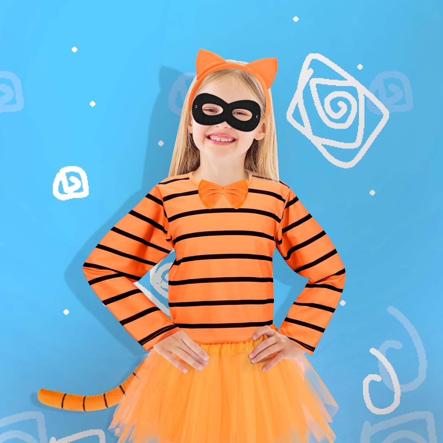 6Pcs Orange Cat Cosplay Outfit Including Cat Ears Headband Orange Black Striped Shirt Tutu Skirt Eye Mask - Image 5