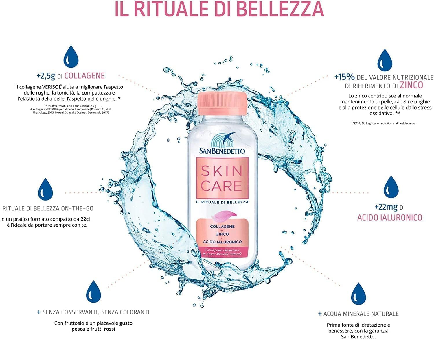 Italian Gourmet Acqua funzionale Mineralwasser Kollagen Pfirsich 48 x 220ml | Con zinco e acido ialuronico; stilles Getränk mit roten Früchten, leichte, Gesamtnettogewicht 10,56 L + Kostenlos Polpa 400g