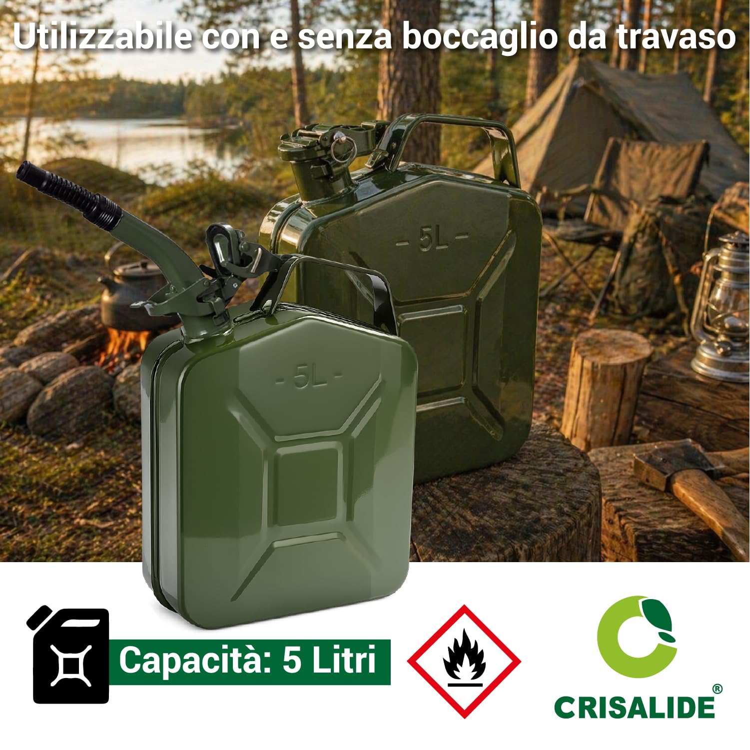 Crisalide® - Bidón de combustible de acero 5 l, 10 l y 20 l con boquilla de transporte, homologado para transporte de gasolina y gasóleo, antioxidante, cierre hermético, bidón de gasolina de metal (5L