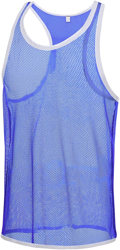 Mens Mesh Tank Tops Sheer Sexy Fishnet Sleeveless See Through Muscle Workout Glitter Sparkly 1 Blue L