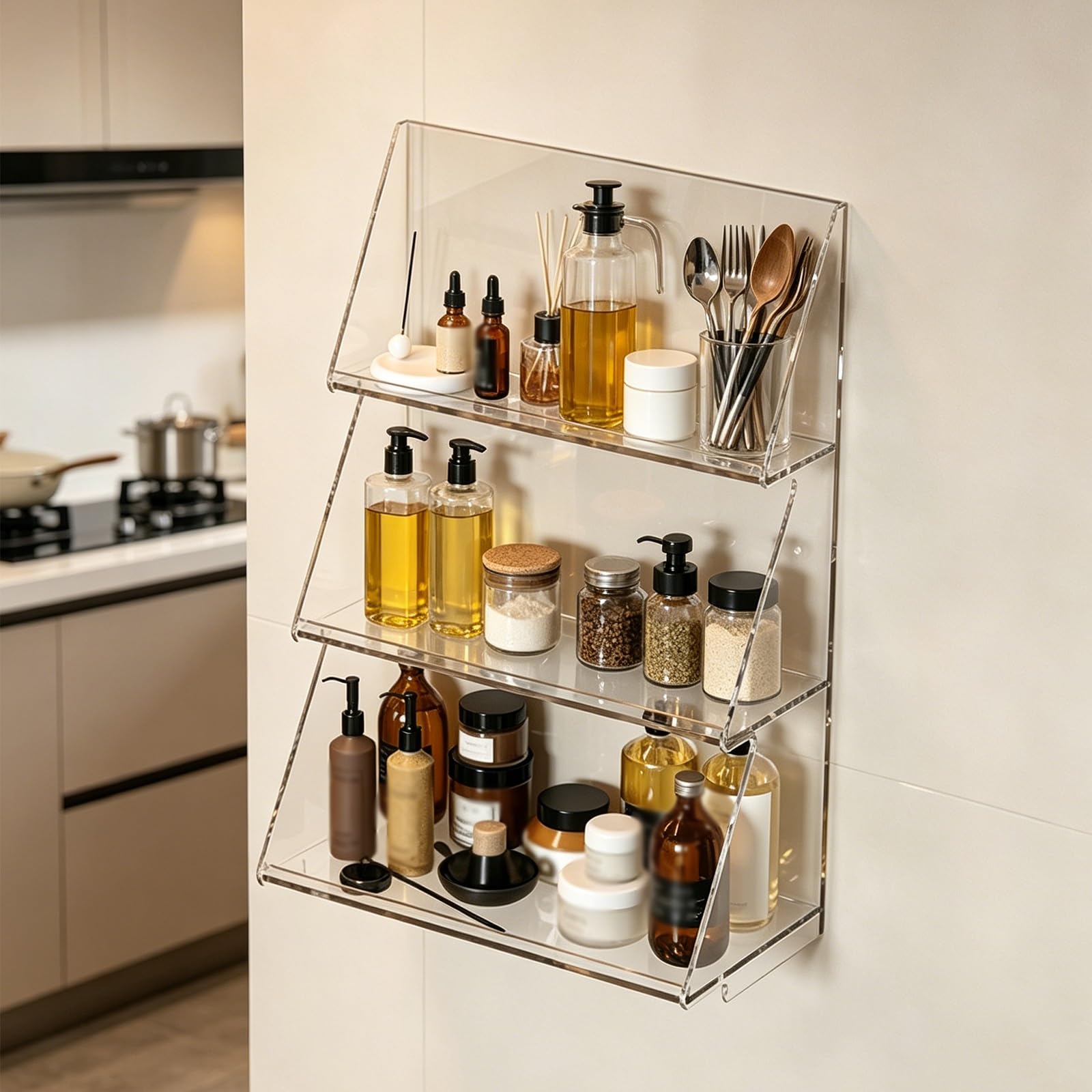 Estante De Almacenamiento De Acrílico De 3 Niveles para Montaje En Pared, Repisas Flotantes con Diseño De Borde Elevado, Organizador De Maquillaje Sin Perforaciones(Clear)