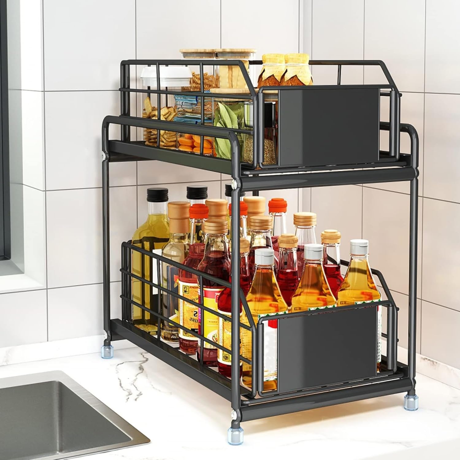 SOONHUA Rangement sous Évier, 2 Niveaux Coulissant Organisateur Sous Evier, Rangement Produits Menagers pour Cuisine, Salle de Bain, Garde-Manger, Armoire de Rangement