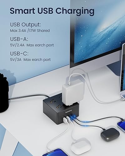 Miniatura 3 de SUPERDANNY - Protector de sobretensiones USB de 9.8 pies con 4 tomas de corriente ampliamente espaciadas y 4 puertos USB inteligentes, cable de