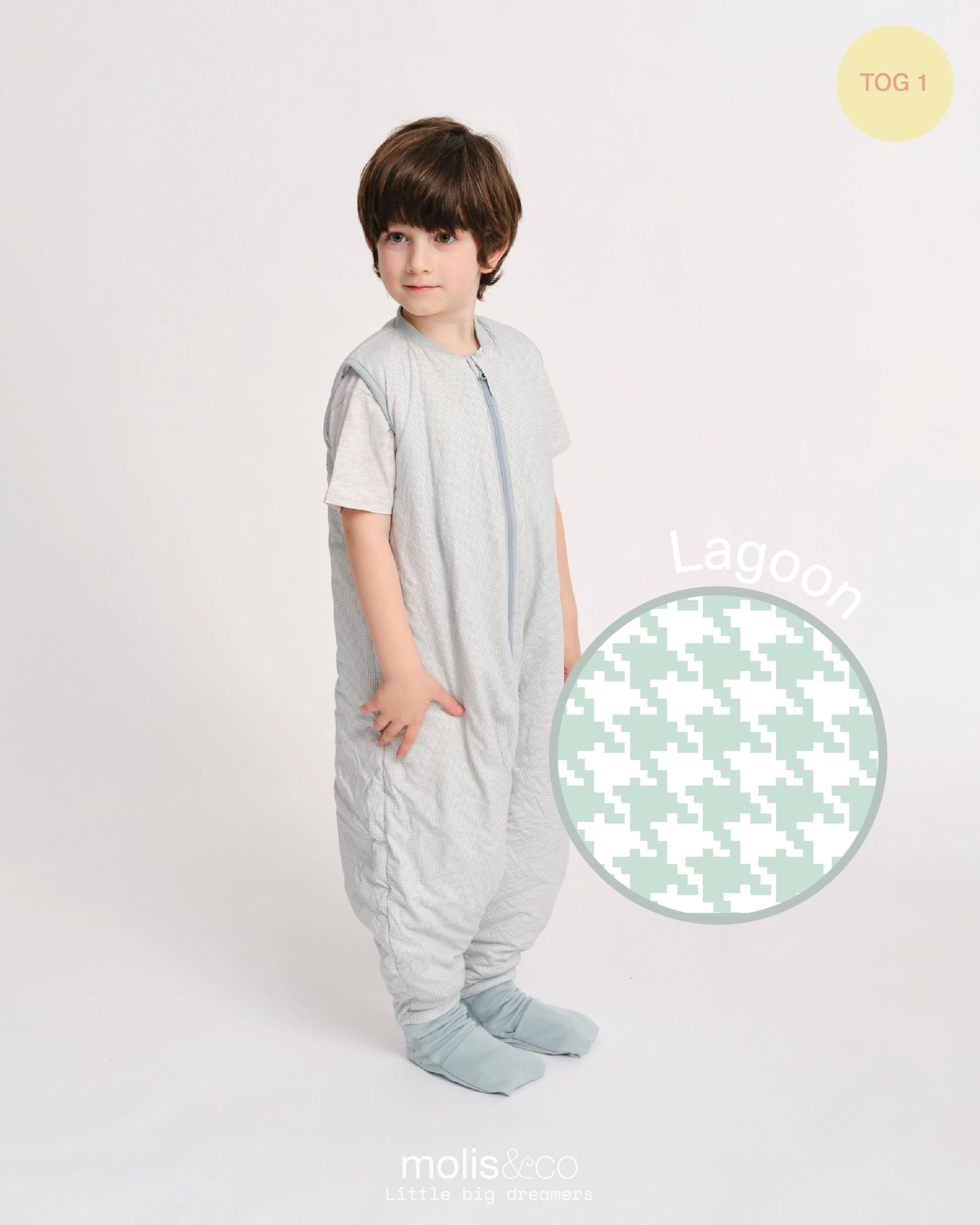molis&co - Sacco Nanna con piedini e calze - Sacco nanna primaverile e autunno - Sacco nanna 1 tog - Leggermente Imbotito - 100% Cotone (Oeko-TEX 100) - Lagoon (1 anno)
