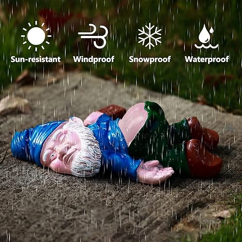 Miniatura 4 de Gnomo divertido de jardín de 9.5 pulgadas, decoración al aire libre, estatuas de gnomos traviesos borrachos, esculturas de gnomos grandes de resina