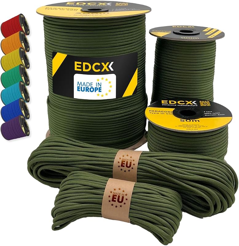 Paracord 4mm, 35+ Colori Solidi (10m, 15m, 30m, 50m, 100m, 300m) | Ideale per Campeggio, Sopravvivenza | Paracord 550 | Corda 100% Nylon 4 mm