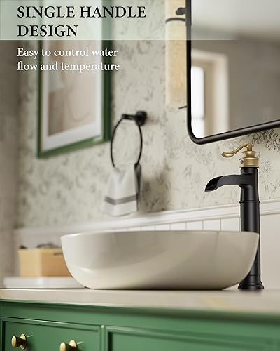 Miniatura 3 de Homevacious Grifo de lavabo de recipiente negro y dorado, grifo de baño de cascada de un solo agujero, grifo de lavabo de cuerpo alto con drenaje