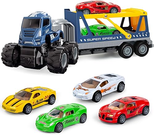Ynybusi Camión de juguete para niños de 1, 2, 3, 4, 5 años, 5 en 1, camión de transporte grande con 4 autos pequeños de aleación, regalos de