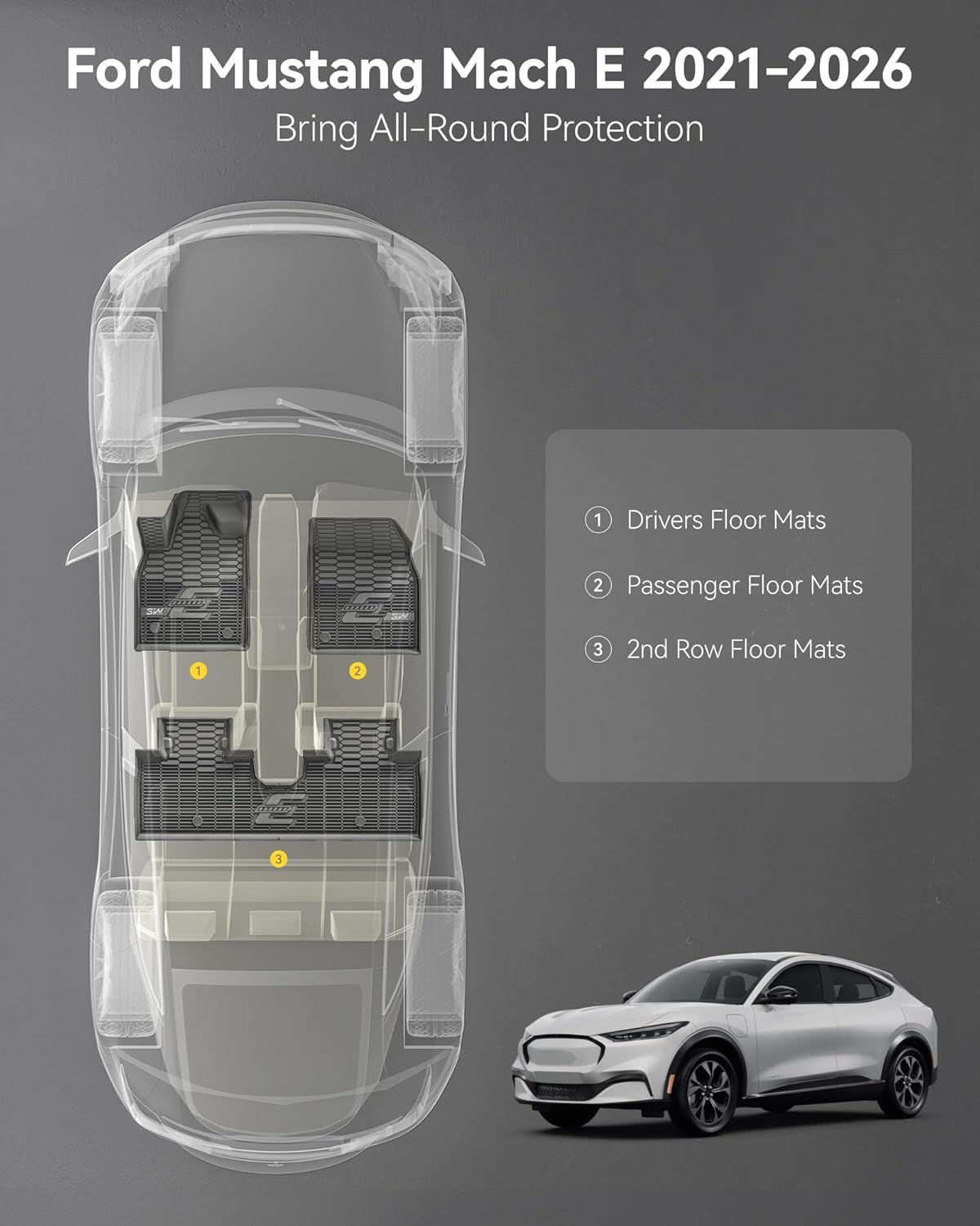 3W Ford Mustang Mach E Floor Mats Fit for 2021-2025 2026 TPE All Weather Car Accessories Custom Fit Floor Liner 1st and 2nd Row Full Set Car Mats, Black - Image 2