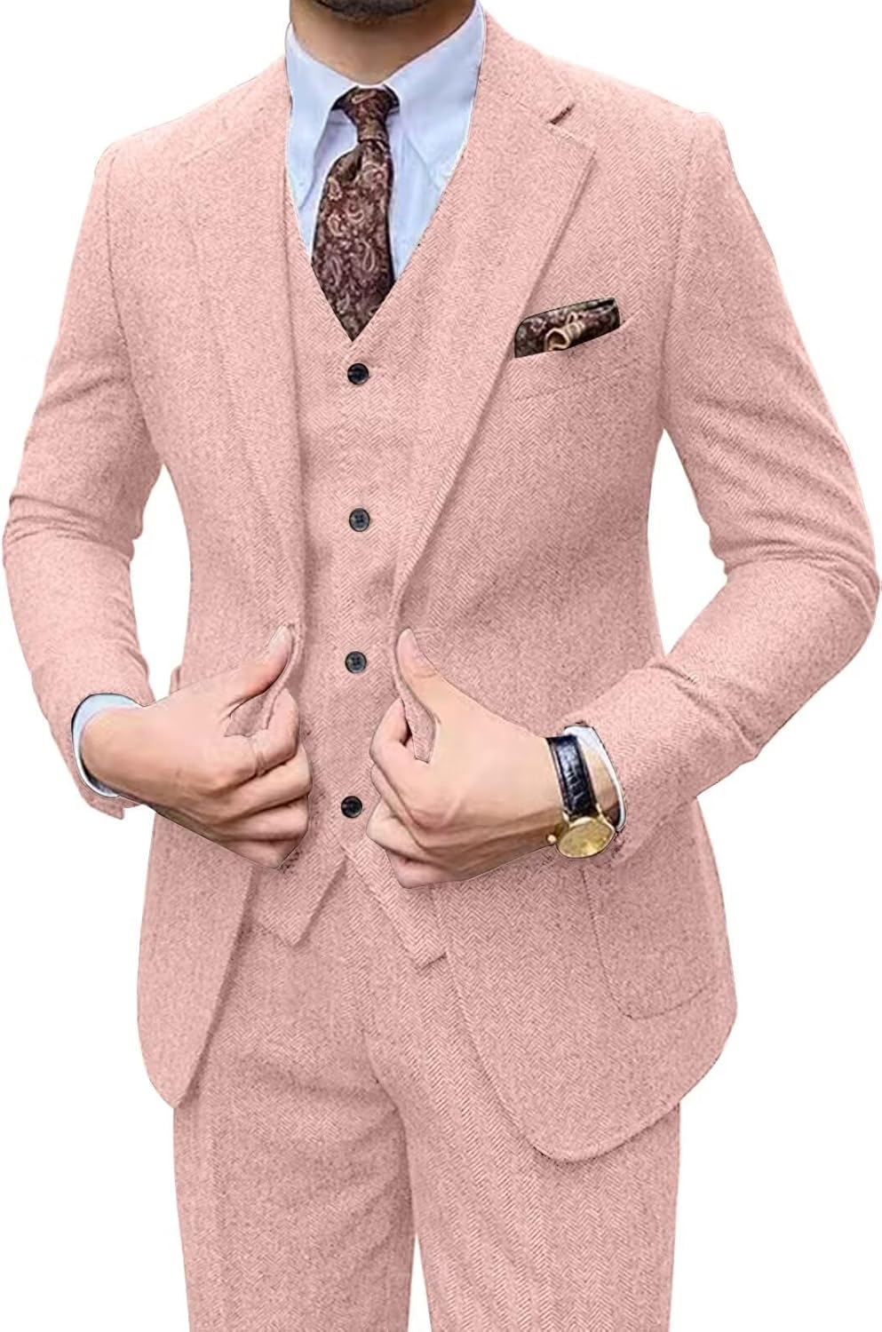 Retro Men Suit 3 Piece Tweed Herringbone Men's Suits Wool Jacket Tuxedos Wedding Grooms Blazer Vest Pants Set Prom - Image 7